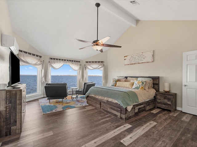 bedroom with high vaulted ceiling, dark hardwood / wood-style flooring, ceiling fan, and beam ceiling