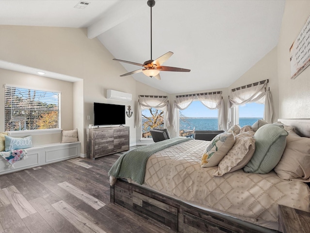 bedroom featuring beamed ceiling, ceiling fan, wood-type flooring, a wall unit AC, and high vaulted ceiling