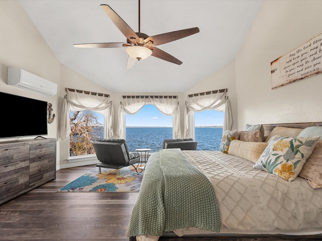 bedroom with ceiling fan, vaulted ceiling, a wall mounted air conditioner, and a water view