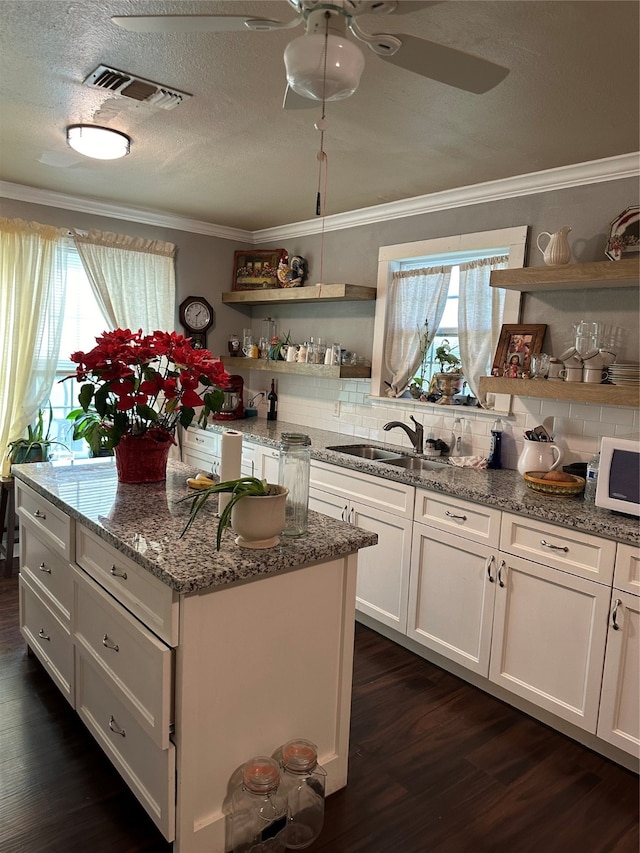 kitchen featuring ceiling fan, sink, stone countertops, dark wood-type flooring, and white cabinetry