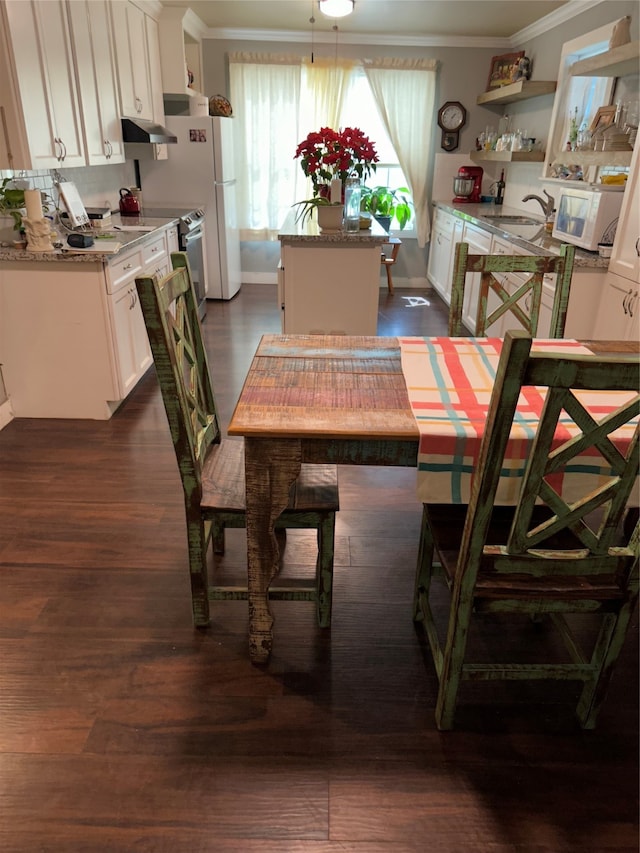 dining space with dark wood-type flooring, sink, and ornamental molding