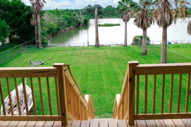 view of yard with a water view