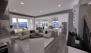 living room with dark hardwood / wood-style floors