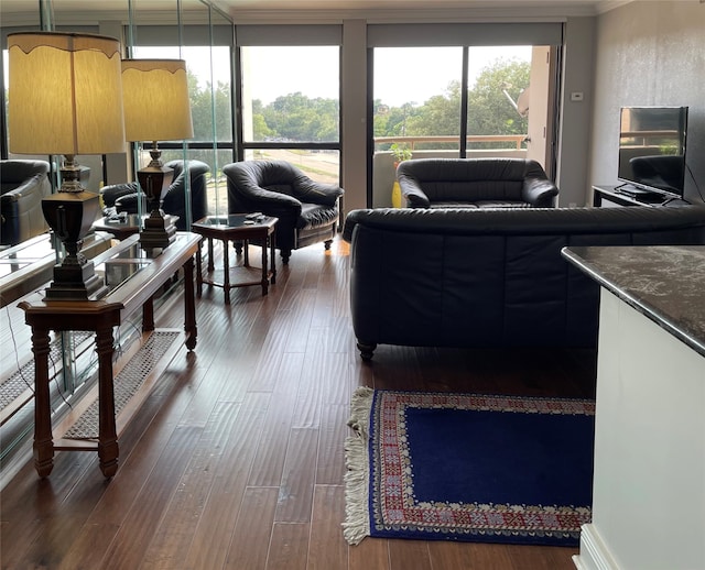 living room with ornamental molding and dark wood-type flooring