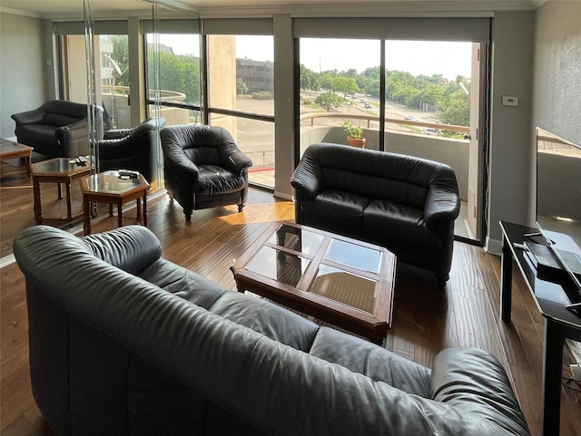 living room featuring dark wood-type flooring, ornamental molding, and a healthy amount of sunlight