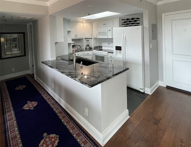 kitchen featuring dark stone counters, kitchen peninsula, white appliances, white cabinetry, and dark hardwood / wood-style floors