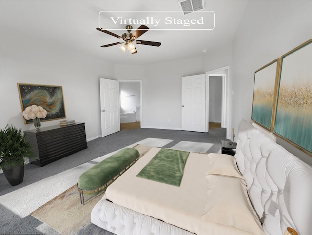 carpeted bedroom featuring ceiling fan