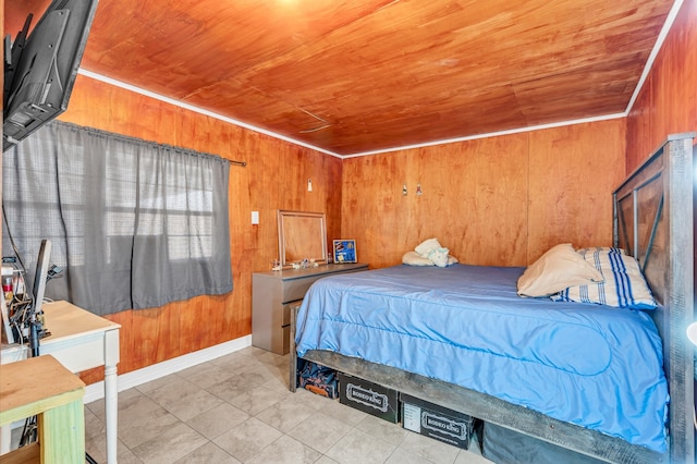 bedroom featuring wood walls, wooden ceiling, and light tile floors