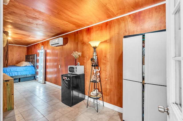 tiled bedroom with wood ceiling, a wall mounted air conditioner, and wood walls