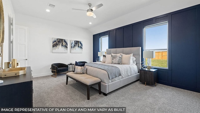 carpeted bedroom with ceiling fan