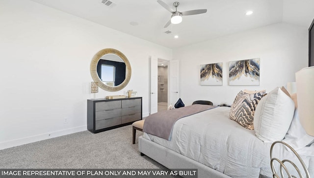 bedroom with ceiling fan, light colored carpet, and vaulted ceiling