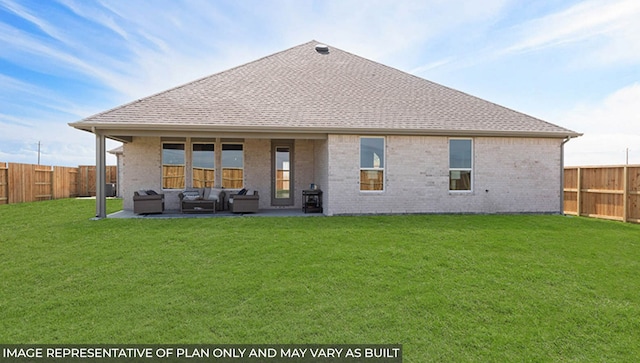 back of house with an outdoor living space, a yard, and a patio