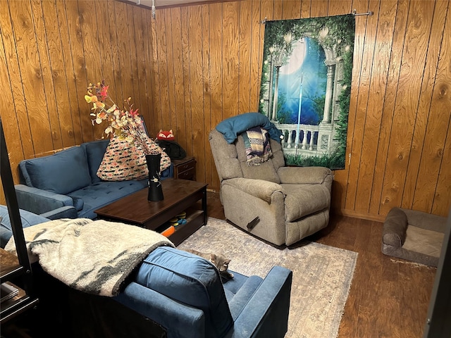 living room featuring wood walls and hardwood / wood-style floors