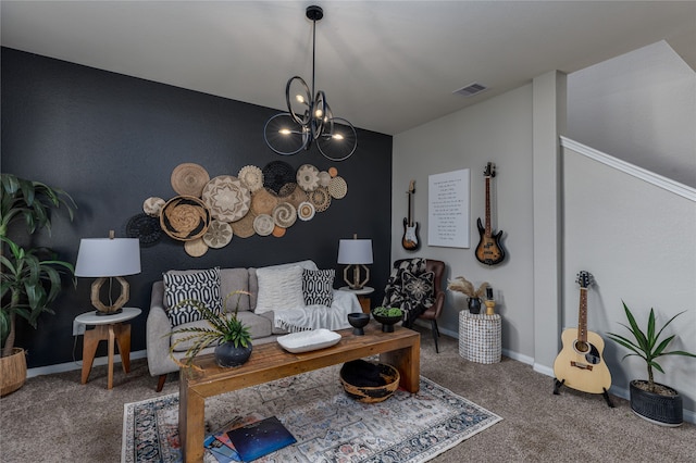 carpeted office featuring a chandelier