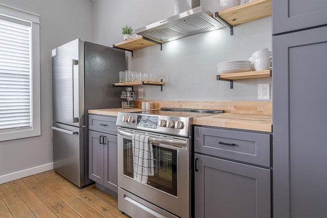 kitchen featuring light wood-type flooring, gray cabinets, range hood, and appliances with stainless steel finishes