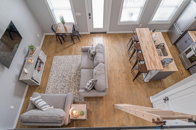 living room featuring hardwood / wood-style floors and sink