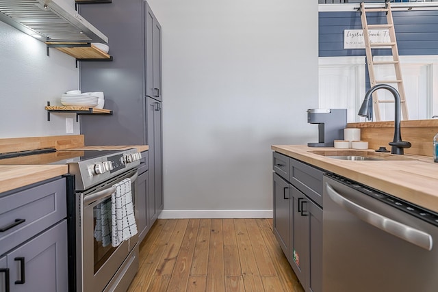 kitchen with gray cabinetry, appliances with stainless steel finishes, butcher block countertops, and wall chimney range hood