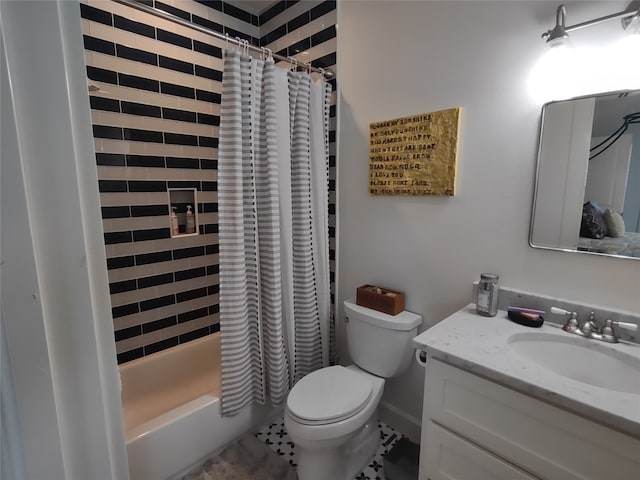 full bathroom with shower / tub combo with curtain, vanity, tile floors, and toilet