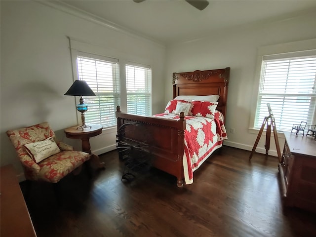 bedroom featuring ceiling fan, dark wood-type flooring, and multiple windows