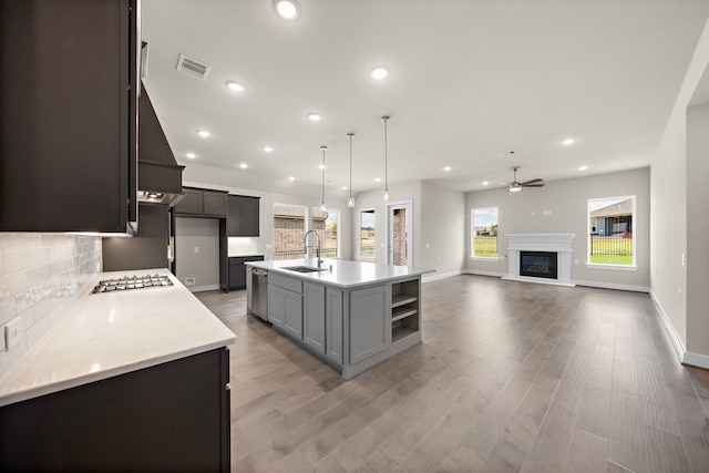 kitchen featuring stainless steel appliances, light wood-type flooring, ceiling fan, a center island with sink, and sink