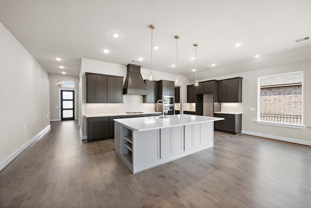 kitchen with stainless steel appliances, plenty of natural light, a kitchen island with sink, and custom exhaust hood