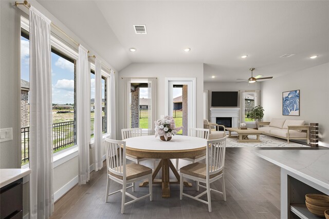 dining area with lofted ceiling, ceiling fan, and dark hardwood / wood-style floors