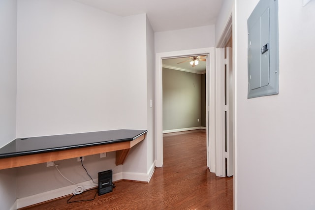 hallway featuring crown molding and dark hardwood / wood-style flooring