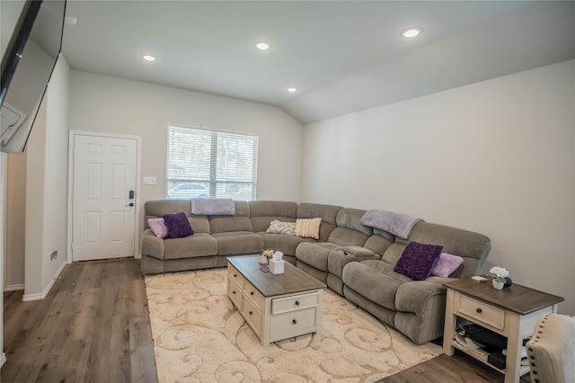 living room featuring wood-type flooring and lofted ceiling