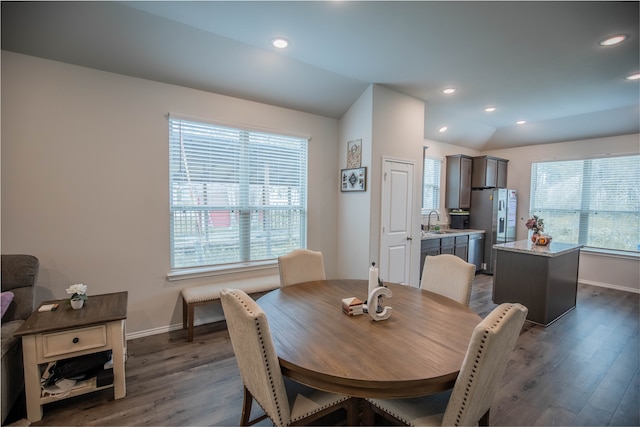 dining room featuring lofted ceiling, dark hardwood / wood-style flooring, and plenty of natural light