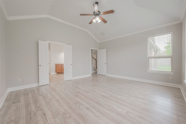 interior space featuring light hardwood / wood-style floors, ornamental molding, and ceiling fan