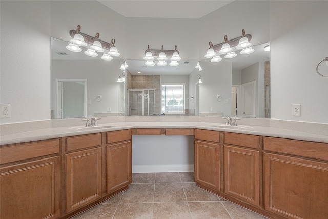 bathroom with double vanity and tile flooring