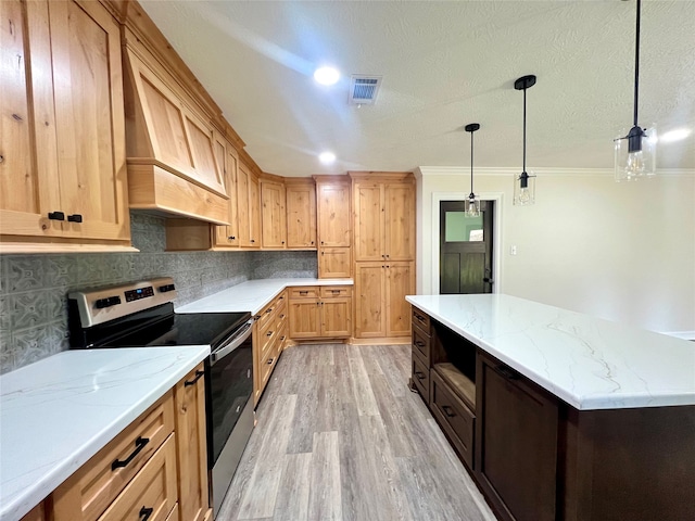 kitchen featuring electric stove, custom exhaust hood, ornamental molding, light hardwood / wood-style flooring, and backsplash