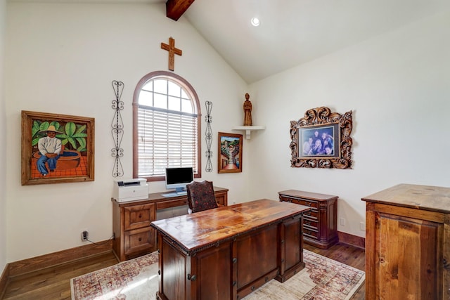 office featuring dark wood-type flooring and lofted ceiling with beams