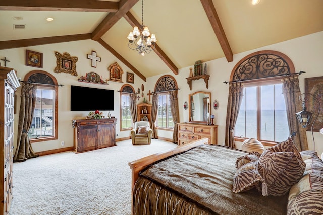 carpeted bedroom featuring high vaulted ceiling, multiple windows, beam ceiling, and a chandelier