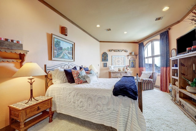 carpeted bedroom featuring ornamental molding