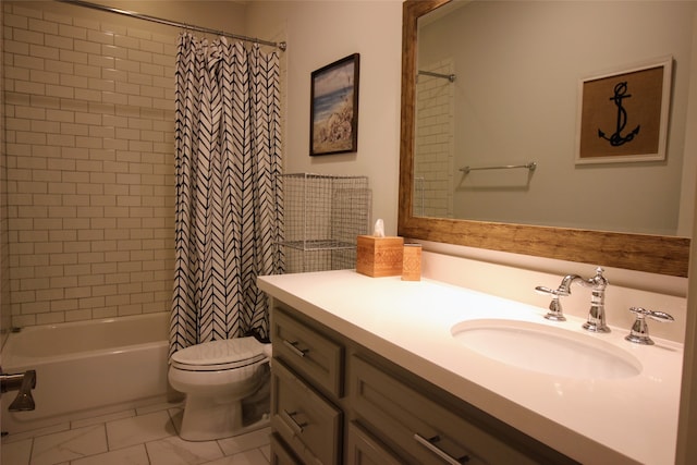 full bathroom with tile flooring, vanity with extensive cabinet space, shower / bath combo with shower curtain, and toilet