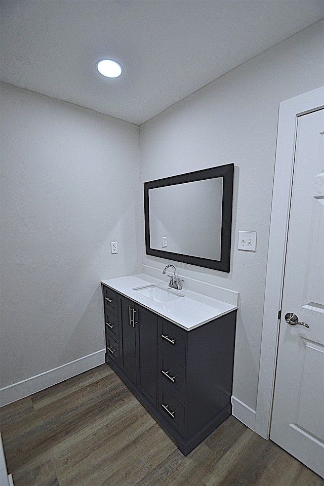 bathroom with hardwood / wood-style flooring and vanity