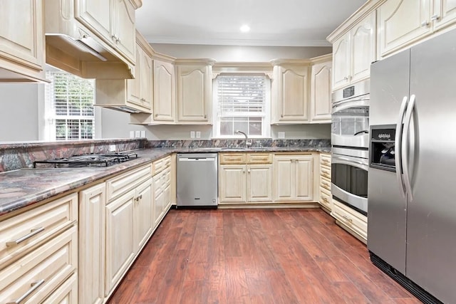 kitchen featuring dark stone counters, dark wood-type flooring, sink, and stainless steel appliances