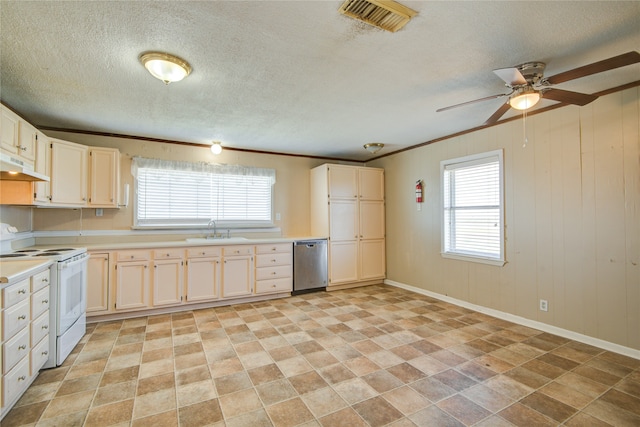 kitchen with ceiling fan, white range, sink, light tile floors, and stainless steel dishwasher