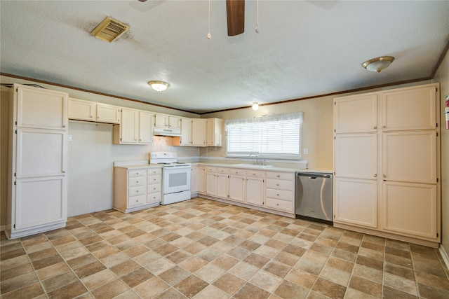 kitchen featuring ceiling fan, electric range, sink, light tile floors, and dishwasher