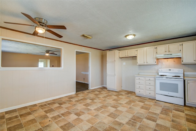 kitchen featuring ceiling fan, crown molding, white range with electric cooktop, and light tile floors