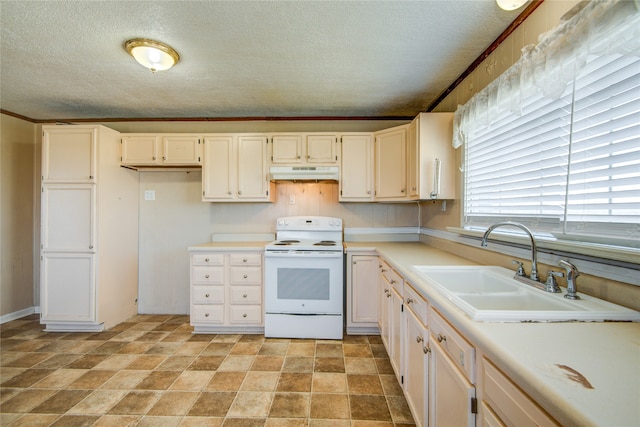 kitchen with sink, ornamental molding, light tile floors, and electric range