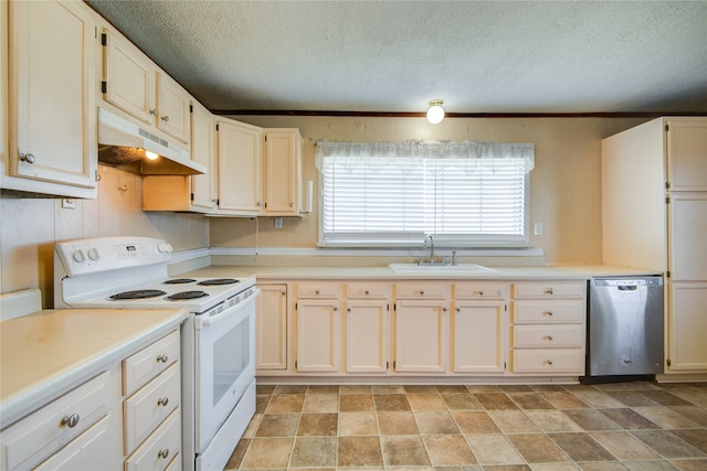 kitchen with sink, light tile floors, stainless steel dishwasher, white electric range, and crown molding