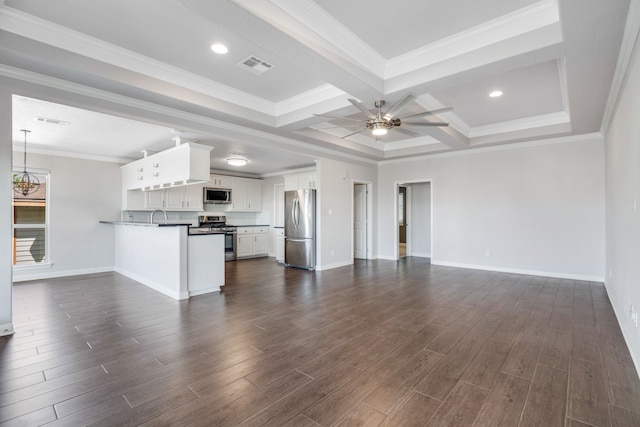 kitchen with stainless steel appliances, dark hardwood / wood-style floors, coffered ceiling, white cabinetry, and beamed ceiling