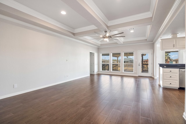 unfurnished living room with beamed ceiling, crown molding, dark hardwood / wood-style flooring, coffered ceiling, and ceiling fan