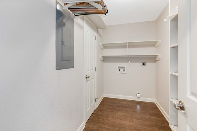 clothes washing area with dark hardwood / wood-style flooring, electric dryer hookup, and hookup for a washing machine