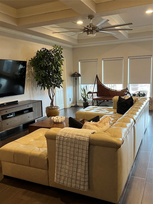 living room featuring ornamental molding, ceiling fan, dark hardwood / wood-style floors, and coffered ceiling