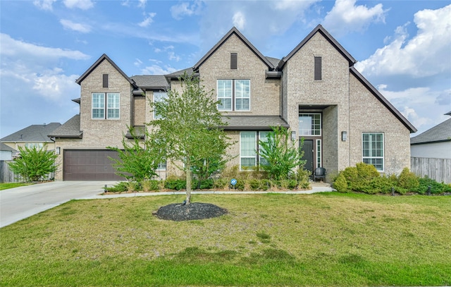 view of front of home with a front yard and a garage