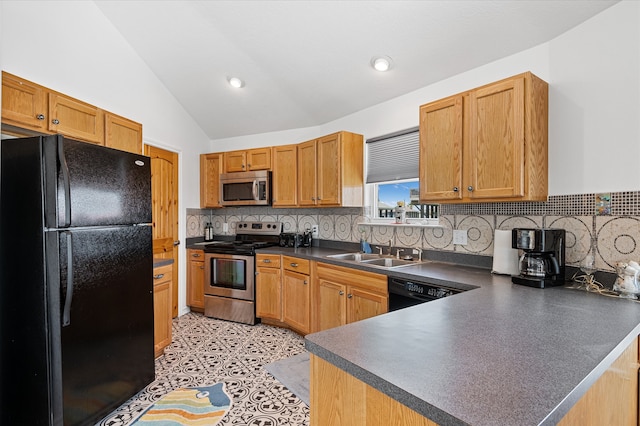 kitchen with tasteful backsplash, kitchen peninsula, black appliances, high vaulted ceiling, and sink