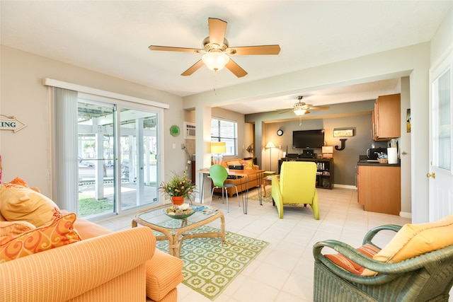 living room featuring ceiling fan